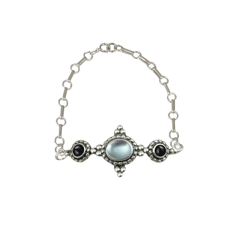 Sterling Silver Gemstone Adjustable Chain Bracelet With Blue Topaz And Black Onyx